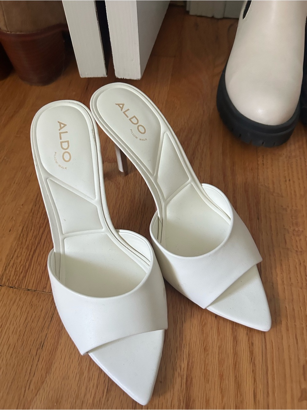 ALDO White Pointed Toe Stiletto Slide Heels with Slim Strap